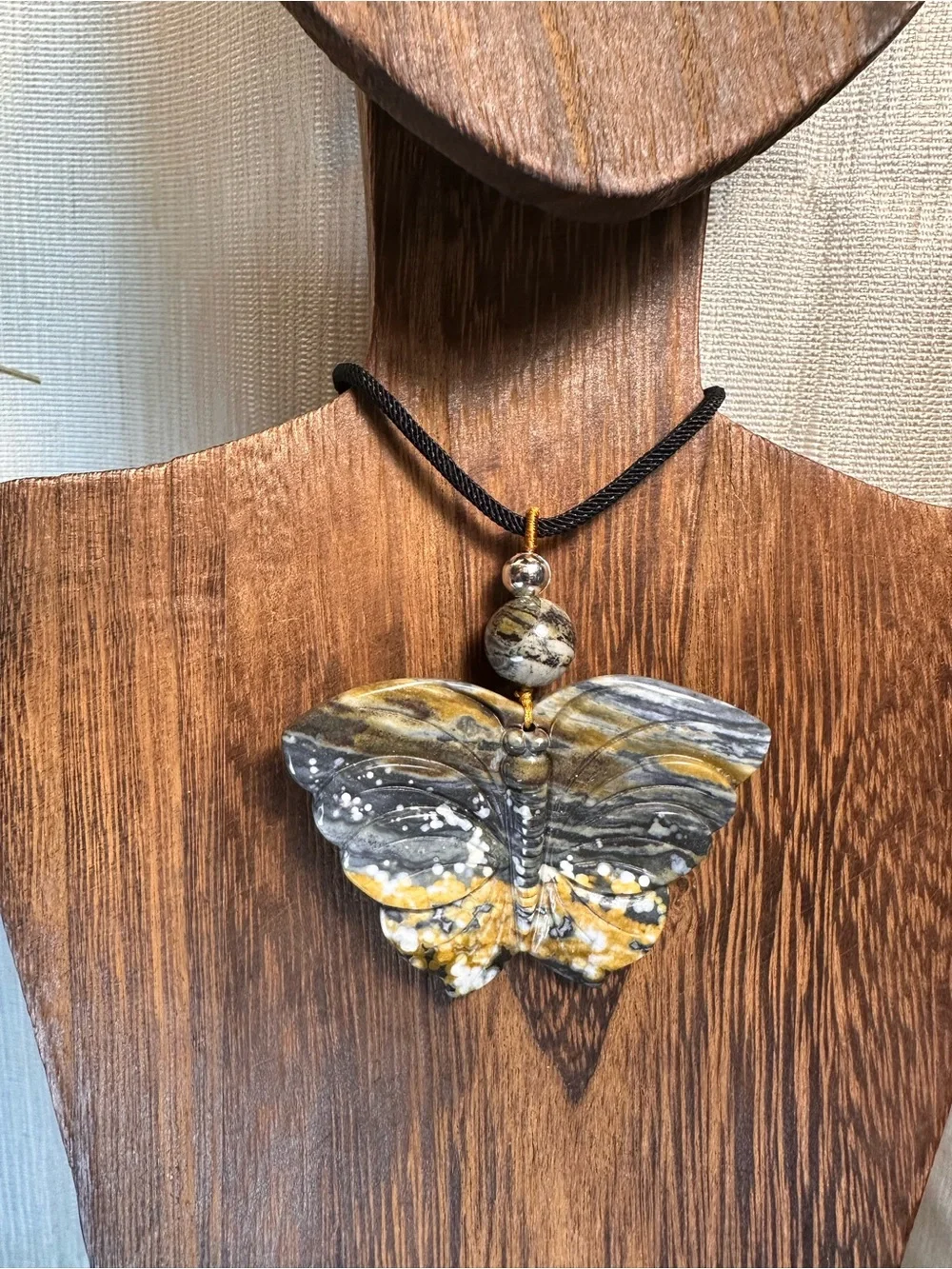 Handcrafted Ocean Jasper Butterfly Pendant Necklace-Green & Gold on Black Rope
